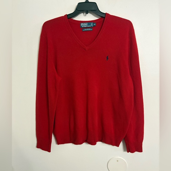 Polo by Ralph Lauren Men's V-Neck Sweater in Red 100% lambswool Size XLARGE